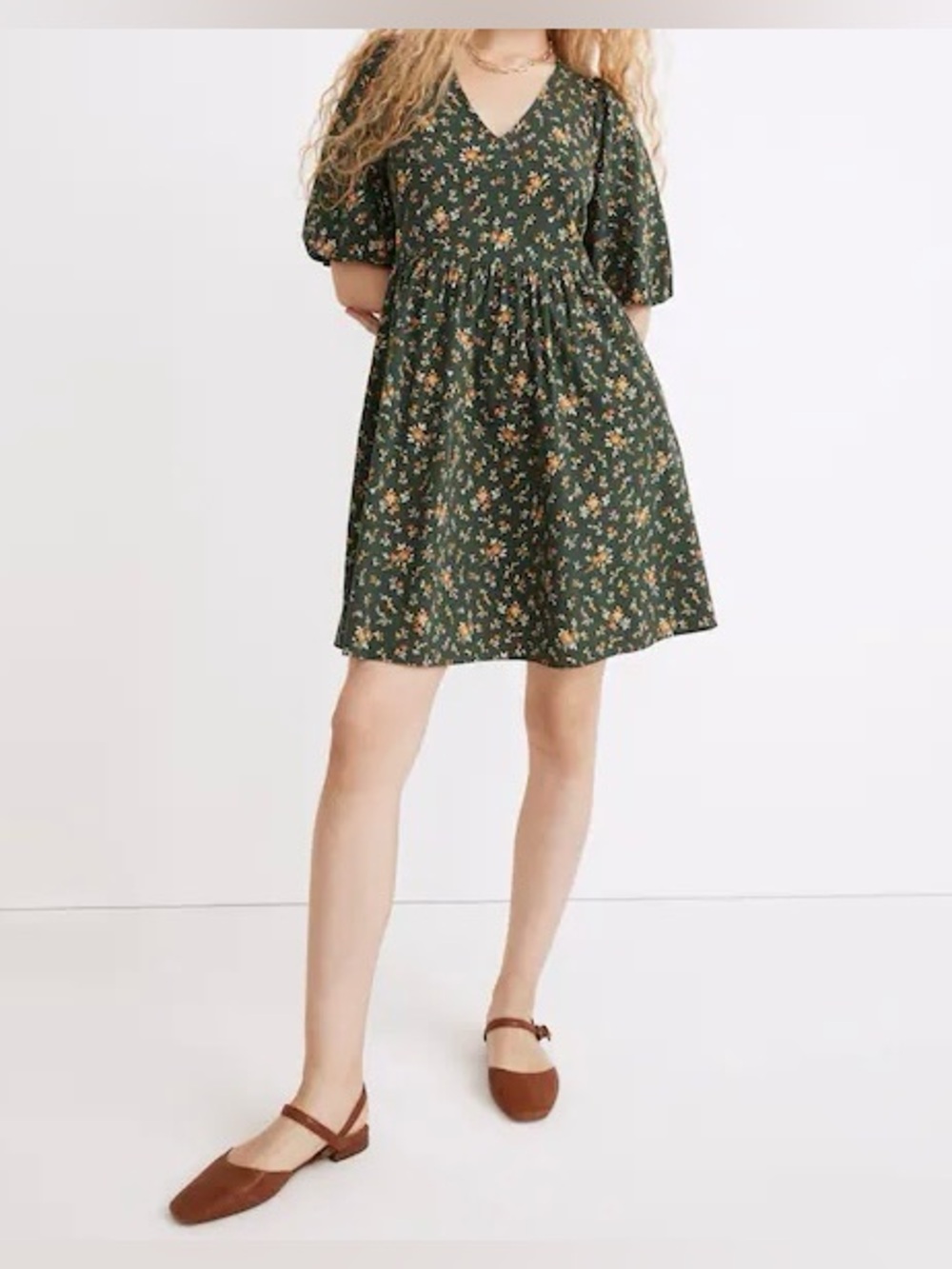 Madewell Poplin V-Neck Bubble-Sleeve Mini Dress in Fresh Sprigs
